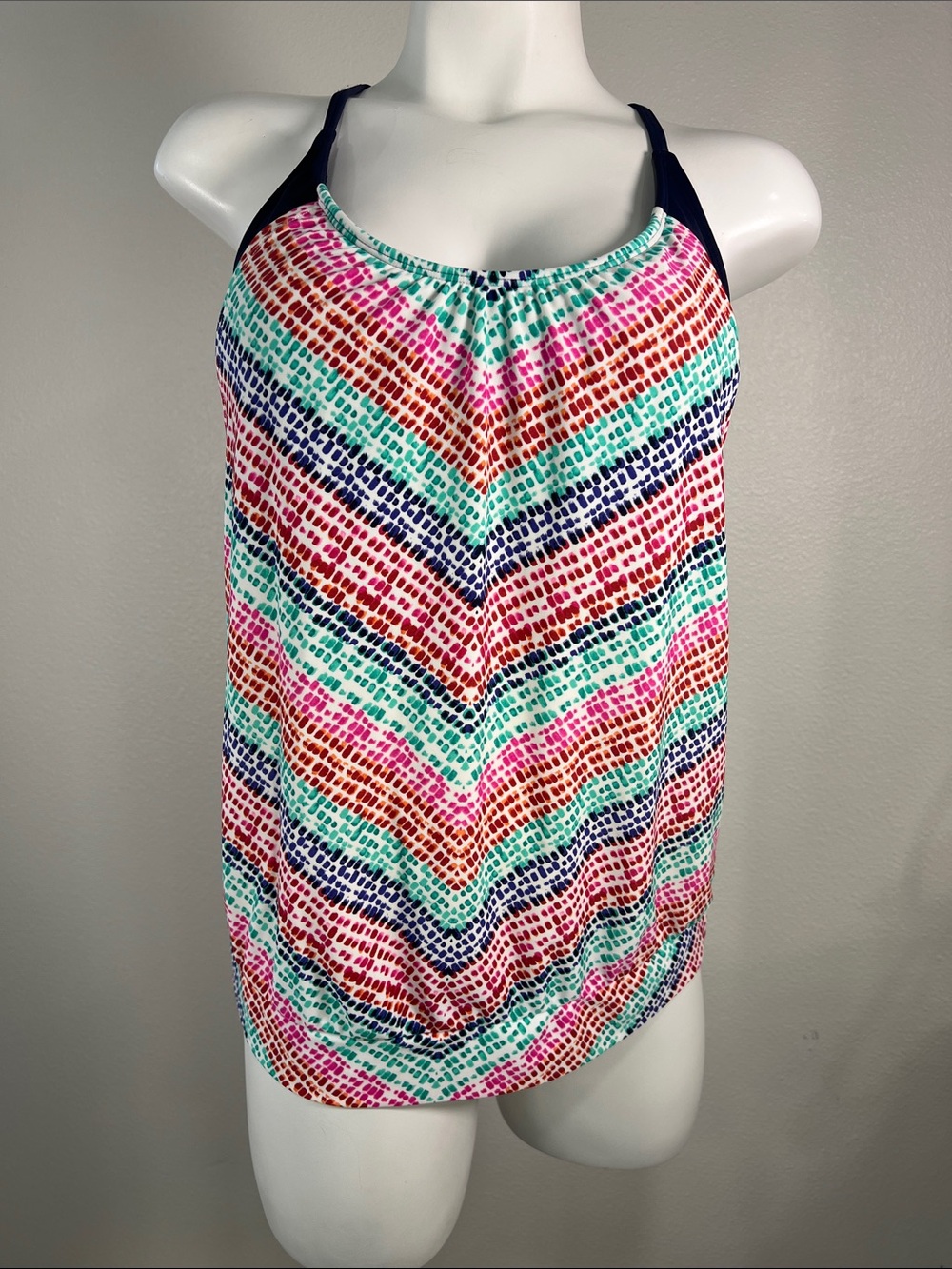 Athleta Multicolor Chevron-Style Tankini Top with Navy Top and Straps 34B/C Tall